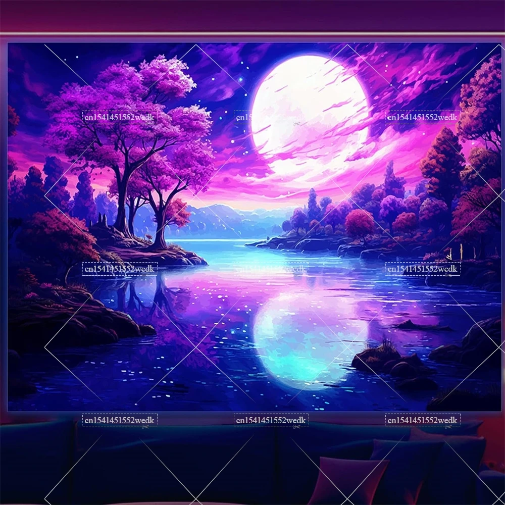 Гобелен с изображением гор Луны черного света УФ-реактивная фотография неоновое