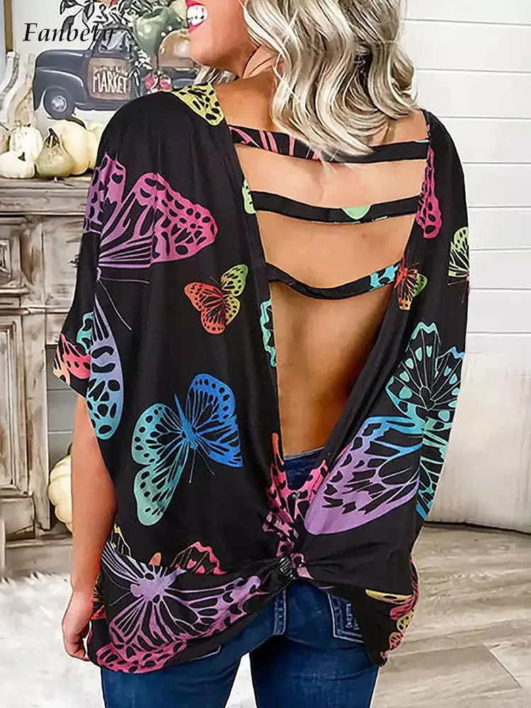 

New Casual Women Clothing Elegant Butterfly Printed T-shirts Summer Short Sleeve O-Neck Hollow Out Tee Shirts Ladies Elegant Top