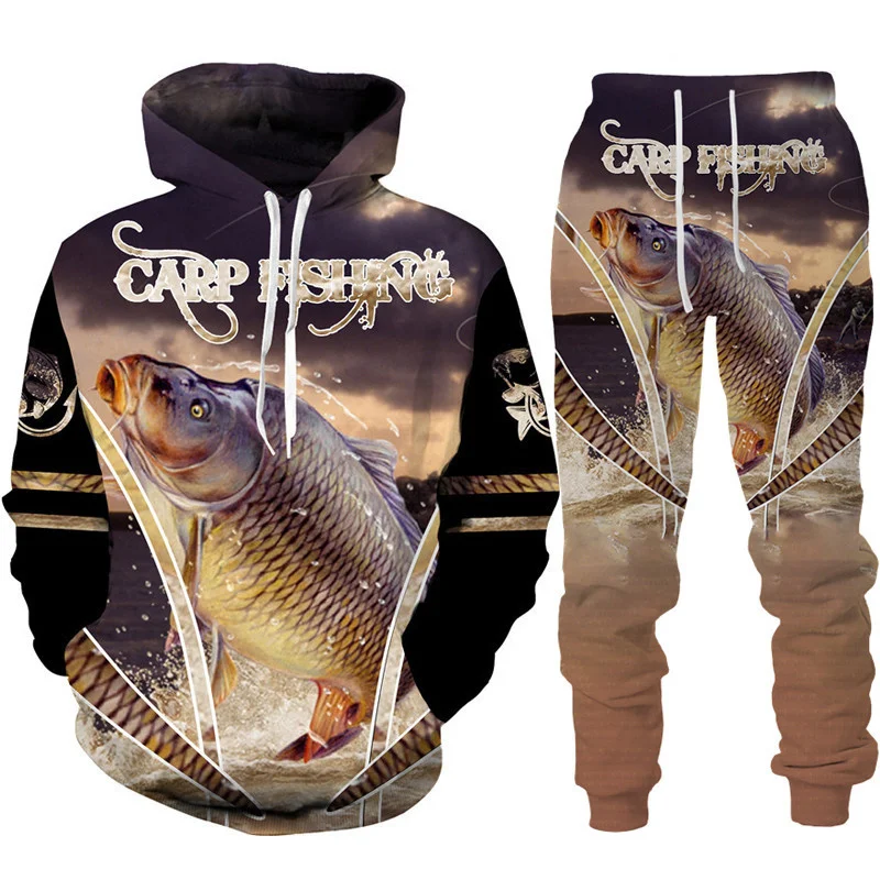 

Комплект спортивной одежды для мужчин и женщин, кофта с 3D-принтом рыбы и штаны, камуфляжная расцветка, для рыбалки, охоты, кемпинга