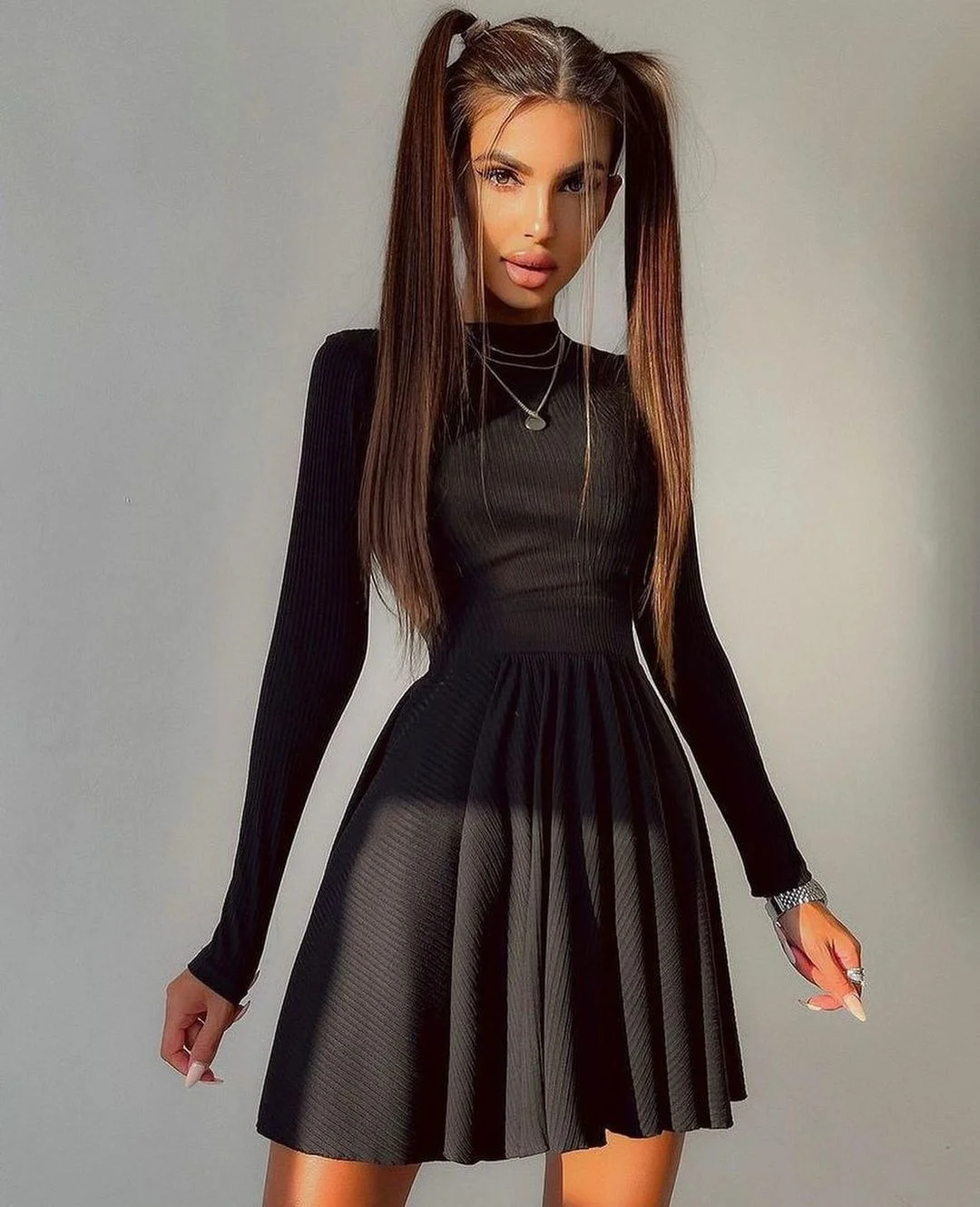 

2023New Casual dress, autumn new Fashion casual spice style solid color crew neck back hollowed out A-line skirt long sleeve dre