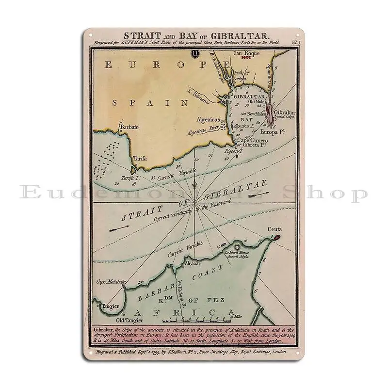 Винтажная карта пролива Гибралтара 1780 металлический плакат на стену декор для