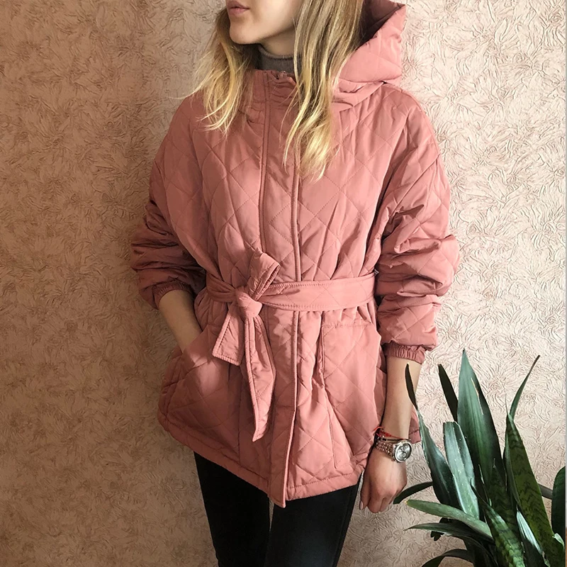 Women's Hooded Warm Parka Coat Winter Office Ladies Button Long Diamond Pattern Jackets Solid Color Casual Thick Cotton Jacket