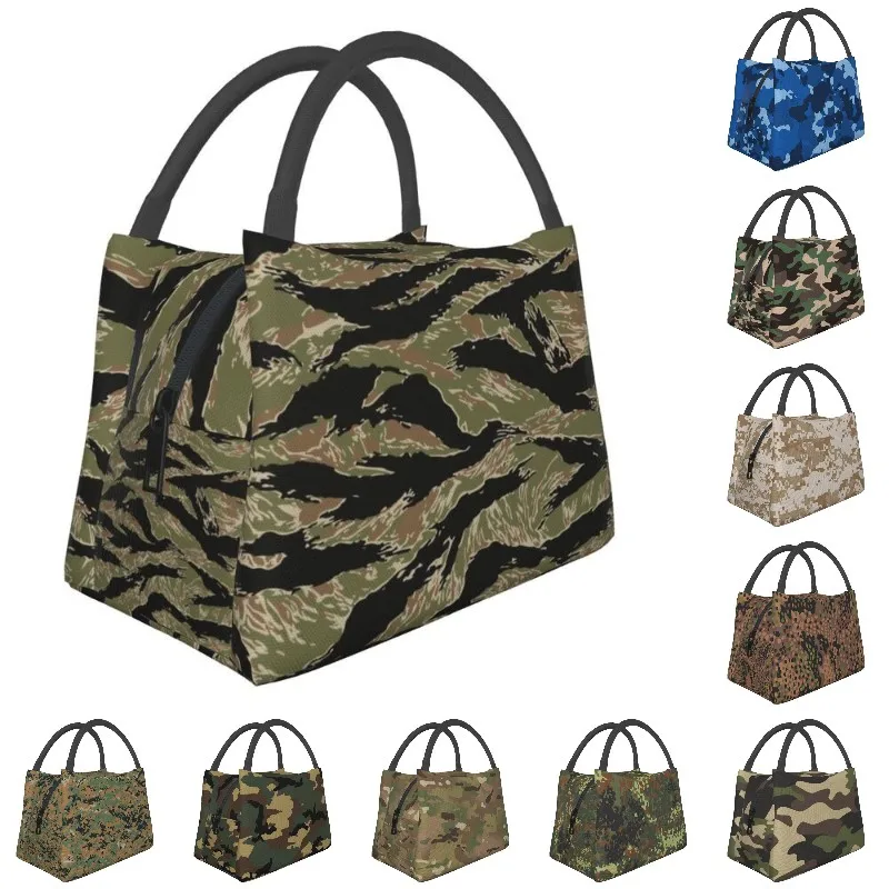 Tiger Stripe Camo Insulated Lunch Tote Bag for Women Military Tactical Camouflage Resuable Thermal Cooler Food Lunch Box
