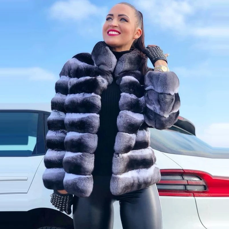 Winter Real Chinchilla Color Rex Rabbit Fur Jacket With Hood Women Whole Skin Rabbit Fur Overcoats Genuine Warm Thicked Coats