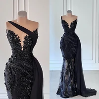 elegant black one shoulder evening dresses luxury beads appliques floral sleeveless women prom gowns formal party robe de mari%c3%a9e