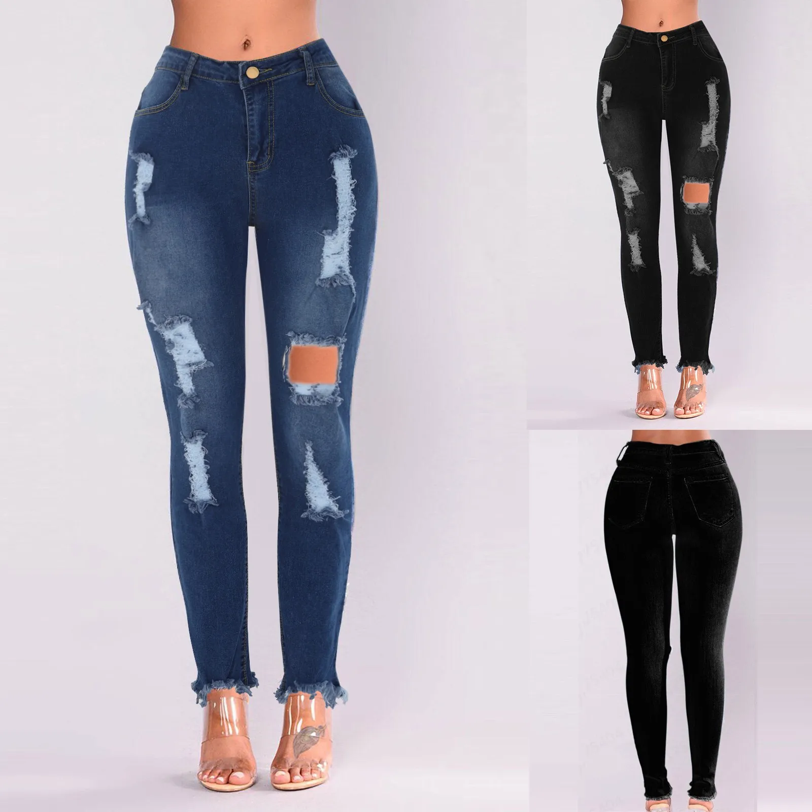 

Осенние женские рваные джинсы на пуговицах с высокой талией, градиентные брюки из денима с дырками и кисточками, Женская прямая джинсовая одежда