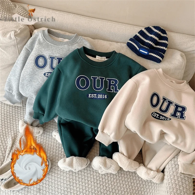 Baby Girl Boy Fleece Inside Clothes Set Hoodie+Pant Child Long Sleeve Clothing Suit Casual Letter Pullover Baby Clothes 18M-7Y