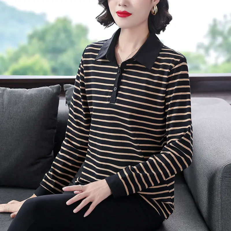 

Pure cotton lapel striped long-sleeved T-shirt female 2022 large size loose bottoming shirt polo shirt with collar clothes tide
