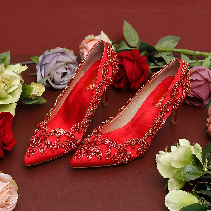 Свадебные туфли с красным кристаллом туфли-лодочки для невесты острым носком на