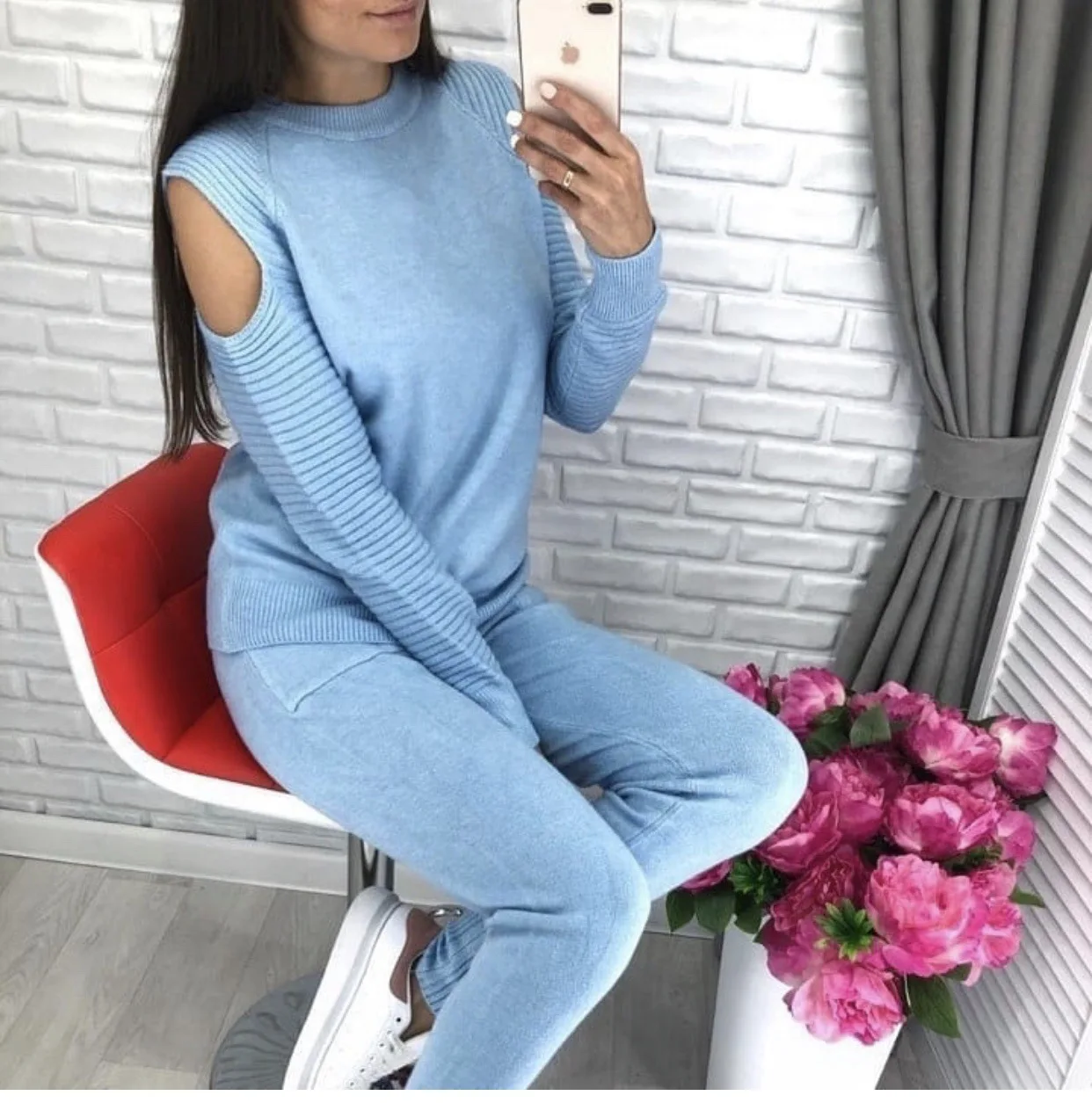 

TYHRU Autumn Women Knitted Suits Costume Solid Hollow Out Sleeves Knitted Pullovers + Long Trousers 2 Piece Set