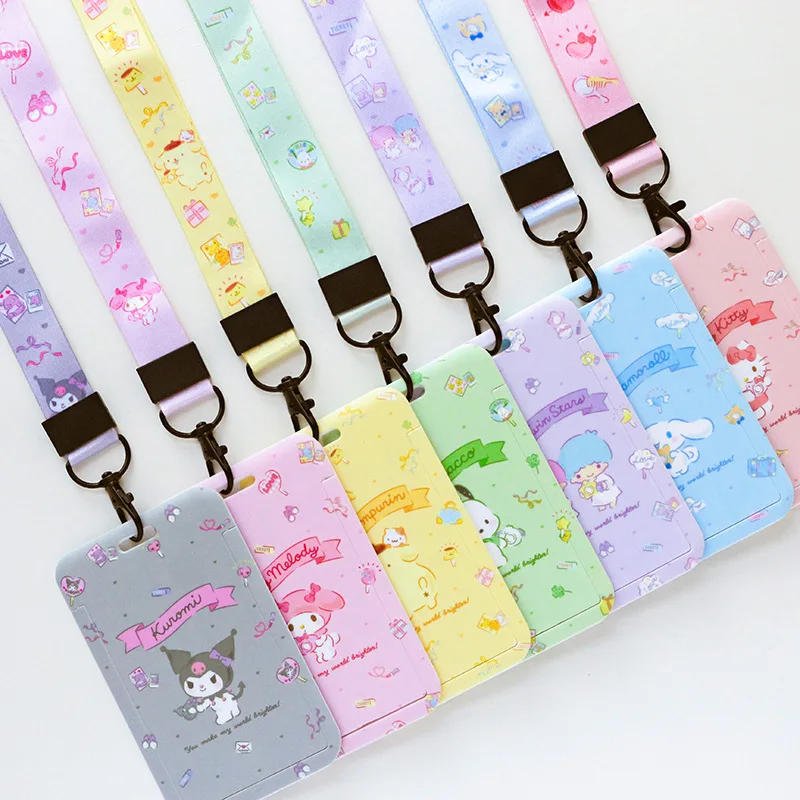 New Hello Kitty Melody Kulomi Student Campus Hanging Neck Bag Sanrio Anime Pvc Card Holder Lanyard ID Protective Case Gifts