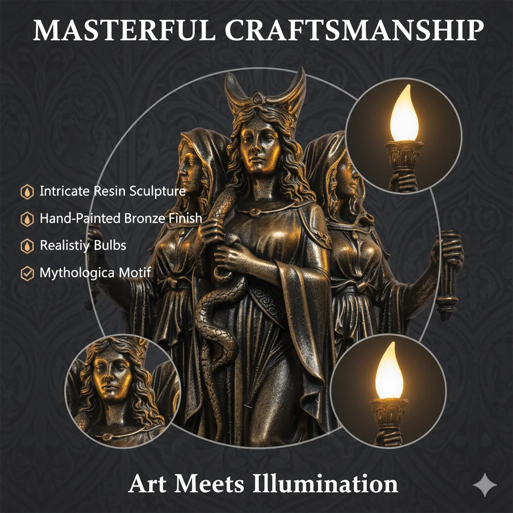 Фото Готический настенный светильник Hecates Triple Goddess в стиле ретро, 3D-резьба, бронза, смола, для спальни, гостиной, декора на Хэллоуин №5