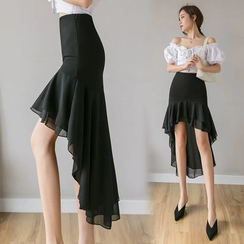 

2XL Elegant Mid-Length Fishtail Skirt Women Splicing Package Slim High Waist Chiffon Ruffled Swallowtail Large Swing Skirt Women