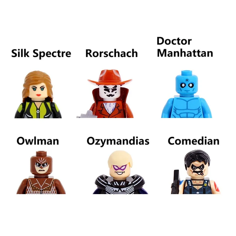 

Конструктор X0131, супергерой, озимандия, оулман, Шелковый призрак, рорскич, доктор Манхэттен, Мини фигурки героев, игрушки