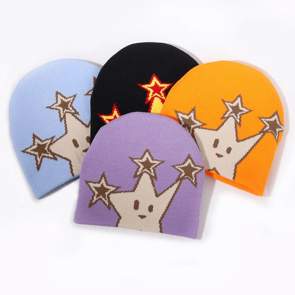 Женские вязаные шапки с милым звездным узором осенние и зимние теплые уличные