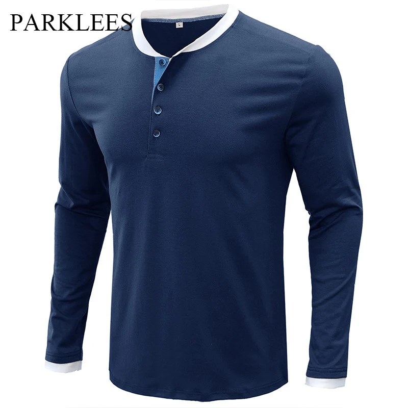 

Parklees Royal Blue Cotton Henley Shirt for Men 2022 Brand New Long Sleeves Patchwork Tee Shirts Casual Breathable Mens Clothing