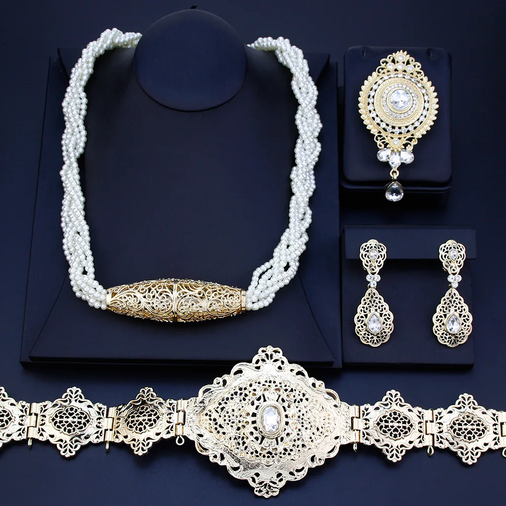 Sunspicems Chic Morocco Bride Jewelry Sets Women Caftan Belt Beads Choker Necklace Crystal Brooch Drop Earring Algeria Bijoux