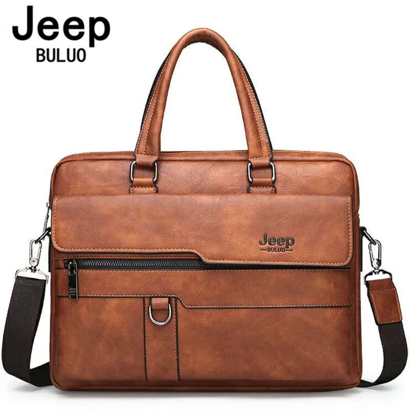 JEEP BULUO Men's Business Handbag Hot Large Capacity Leather Briefcase Bags For Man 13.3 inches Laptop Work Travel Bag Black