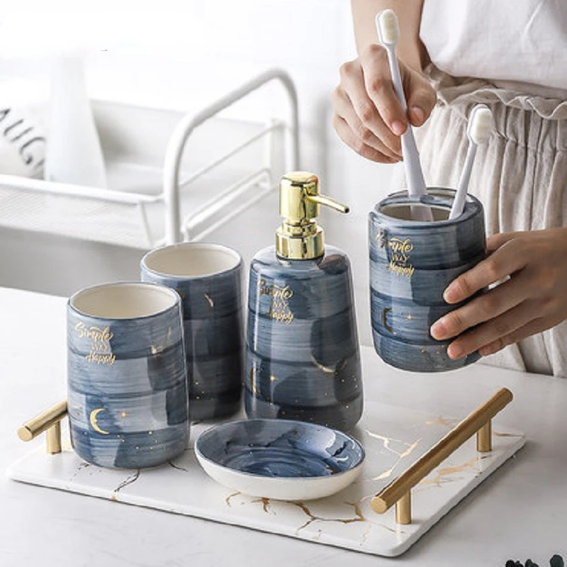 

Creative Marble Ceramics Five-Piece Bathroom Toilet Accessories Sets Toothbrush Holder Mouthwash Cup Shampoo Dispenser Soap Dish
