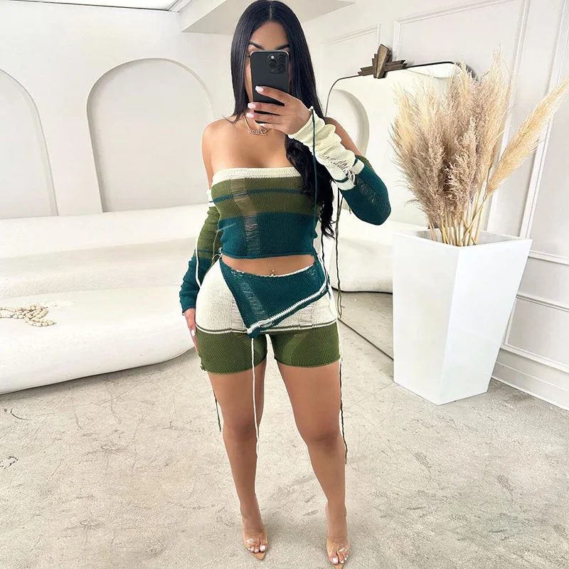 

Aniow Long Sleeve Off Shoulder Color Patchwork Knit Crop Top and Shorts Two Piece Set Ribbon Hollow Out Outfits Women Autumn