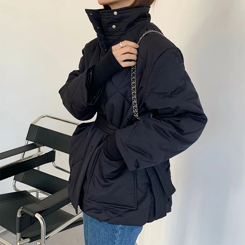Versatile Turtleneck Argyle Parka Loose Fashion Women's Warm Large Pocket Cotton Clothes Casual Long Sleeve Solid Jacket 2022