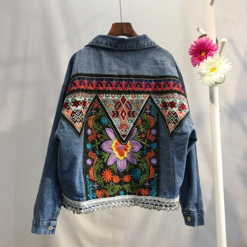 National Style Bohemian Embroidery Beaded Loose Denim Jacket Coat New Spring Autumn Travel Vacation Long Sleeve Jean Outwear