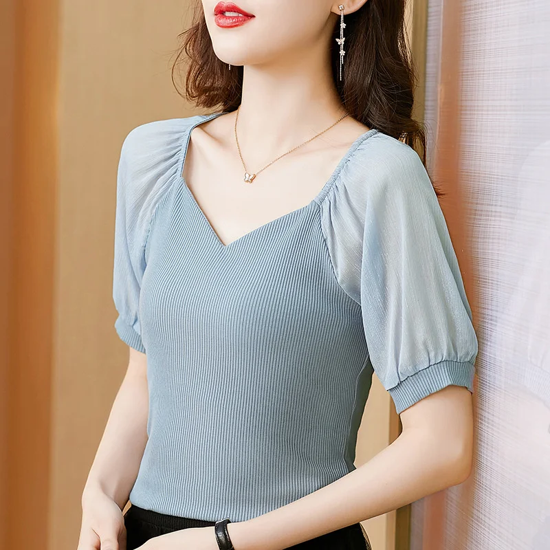 #1430 Chiffon Puff Sleeve T Shirt Women Square Collar Sexy Summer Short Sleeve T Shirt Female Solid Color Skinny T-shirt Elegant