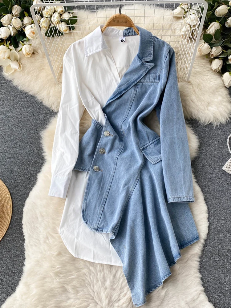 

Fitaylor/весеннее Новое модное повседневное асимметричное джинсовое платье-рубашка с длинными рукавами, платье-поло, юбка, костюм, рубашка, пла...