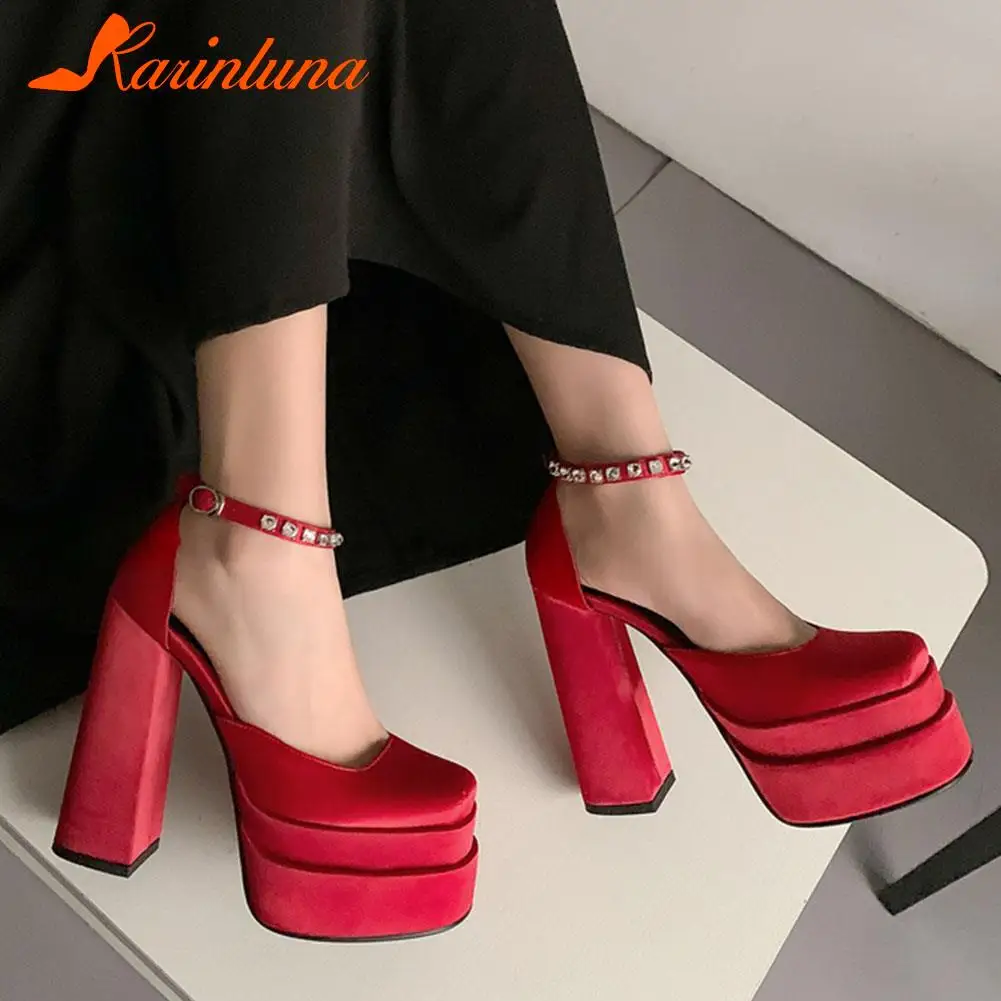 

Big Size 33-43 Trendy New Luxury Silk Square High Heels Platform Buckle Strap Crystal Women Pumps Wedding OL Sexy Shoes Ladies