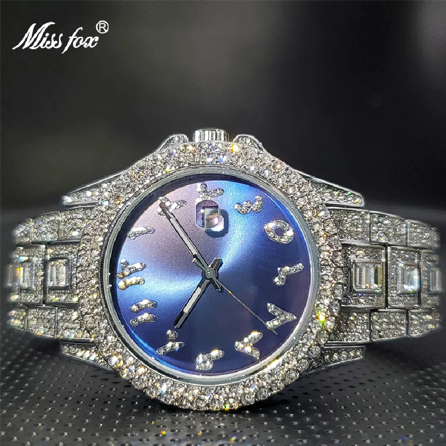 

Relojes Para Hombre Marca de Lujo MISSFOX Iced Out Watch for Man Luxury Accessories Diamond Bracelet Blue Red Black Watches 2021