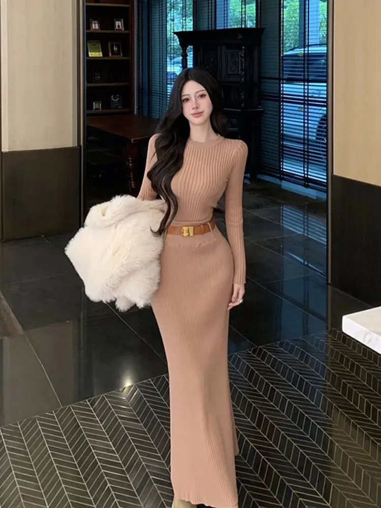 Новый зимний изящный темпераментный модный вязаный топ + юбка с высокой талией и