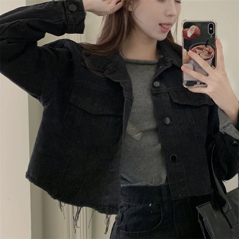 

Женская джинсовая куртка с длинным рукавом, винтажная черная короткая однобортная куртка из денима, весна-осень