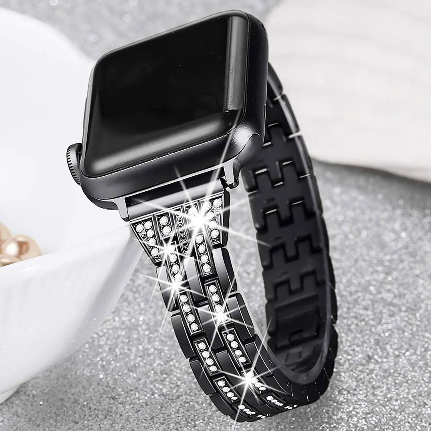 

Бриллиантовый ремешок для Apple Watch Band 40 мм 44 мм 41 мм 45 мм, женское тонкое кольцо из нержавеющей стали, звеньевой браслет + чехол для iWatch 7 6 SE 5 4 3
