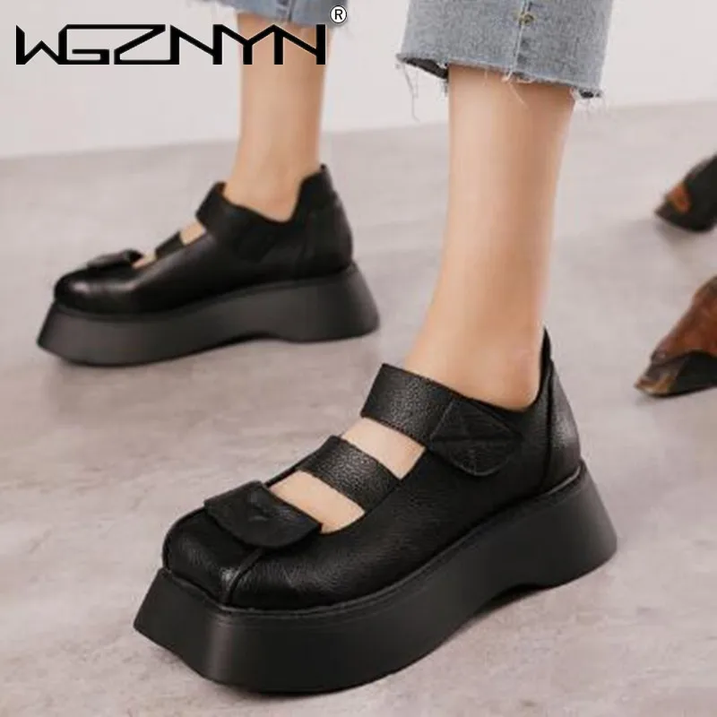 

Женские Ретро сандалии с закрытым носком, уличные сандалии на танкетке с круглым носком, обувь на платформе, искусственная кожа, 2022