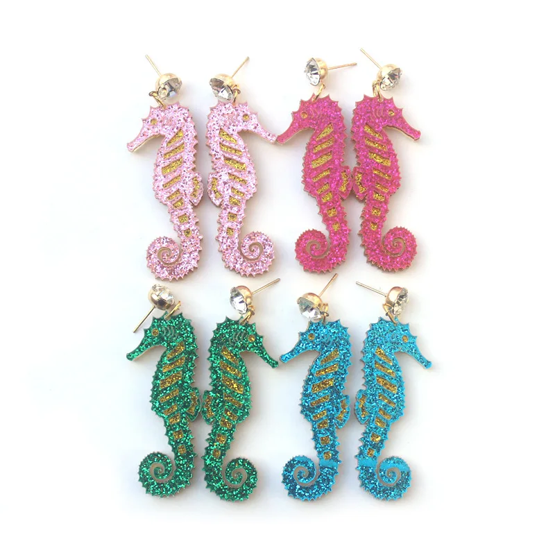 Блестящие акриловые висячие серьги в виде морских животных коньков для женщин