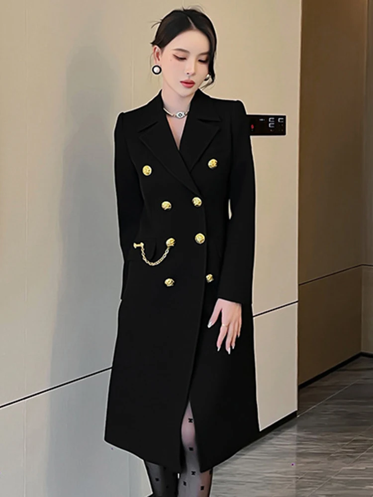 Spring Autumn Trendy Women Ladies Suit Temperament Formal Black Double Breasted Slim Long Coat Blazer Jacket Femme Mujer Outwear