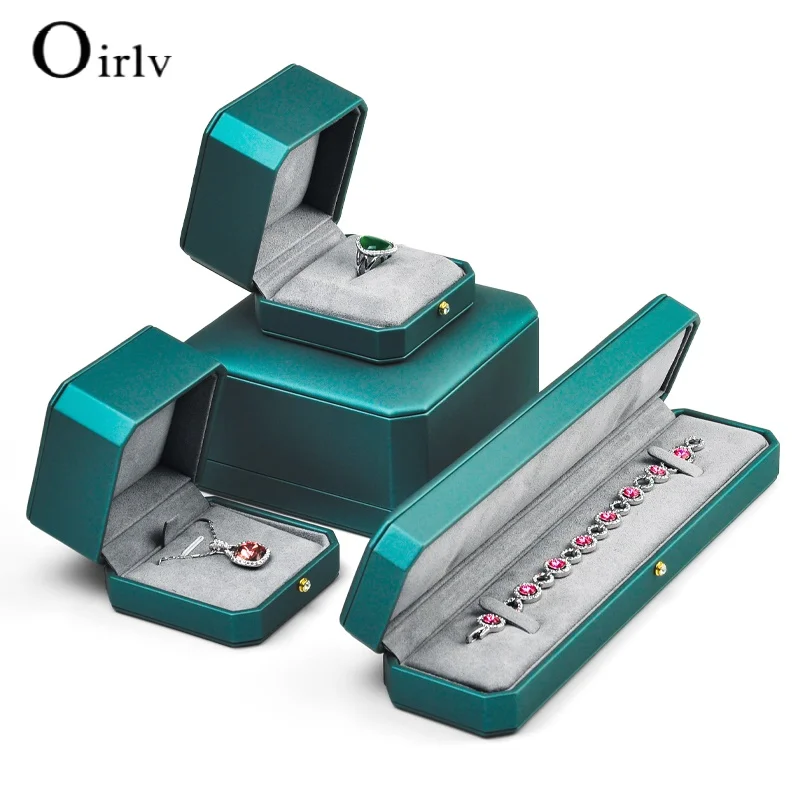 Oirlv New PU Leather Green Jewelry Box Ring Box Bracelet Box Necklace Box Octagonal Cut Edge Design Retro Premium Exquisite