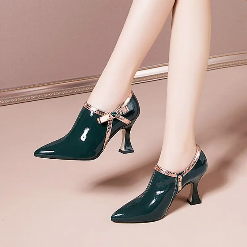 

Spring Fashion Single Shoes Women Pumps Patent Leather Pointed Toe High Heels Bowtie Side Zip Female Footware Black Green