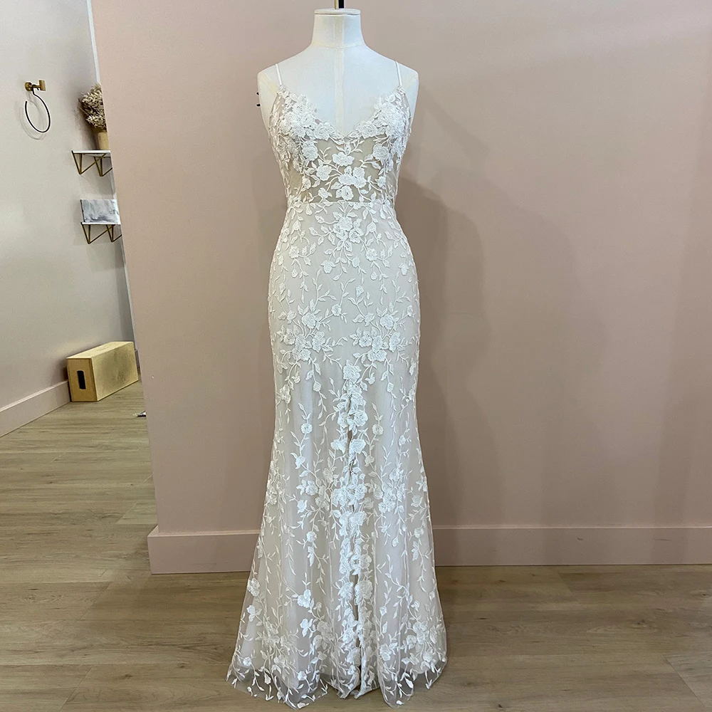 

Elegant Summer Boho Beach Wedding Dresses Mermaid V Neck Appliques Lace Front Slit Long Bridal Gown Bride Dress Robe De Mariee