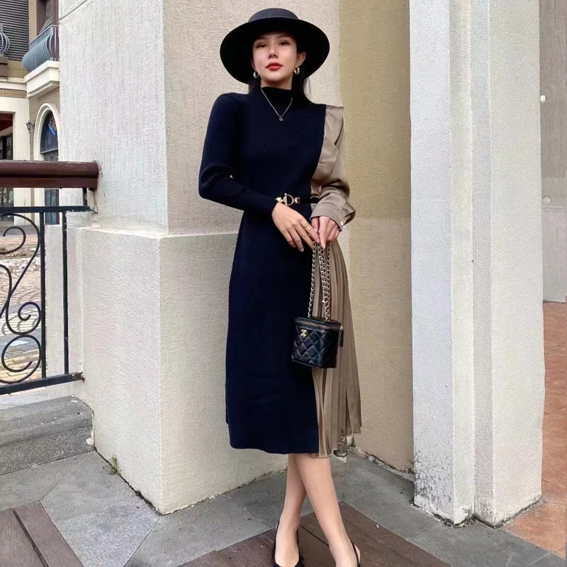

Fall Winter Korean Fashion Women Evening Dress Vintage Contrast Color Stitching Midi Knitted Sweater Dress Ladies Casual Dresses