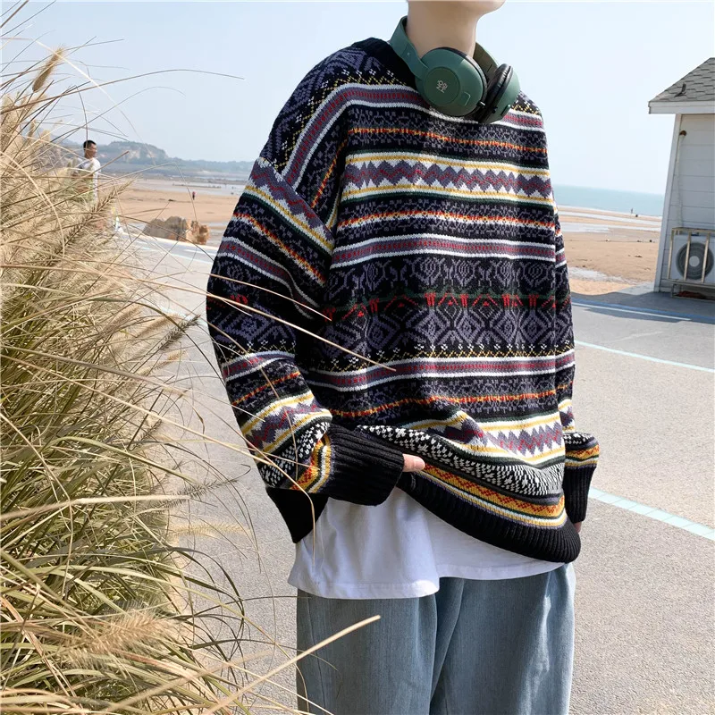 J GIRLS  Men Pullovers Retro Japanese  Loose  Students Comfort Printed Leisure High Quality Males Sweaters Knitwear