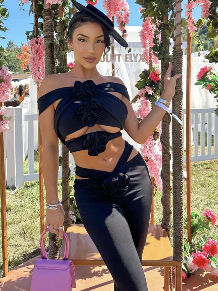 

Laura Kors 2023 Women Summer Sexy Off Shoulder Flower Cut Out Black Pants Bandage Set Celebrity Ngiht Party Women's Set