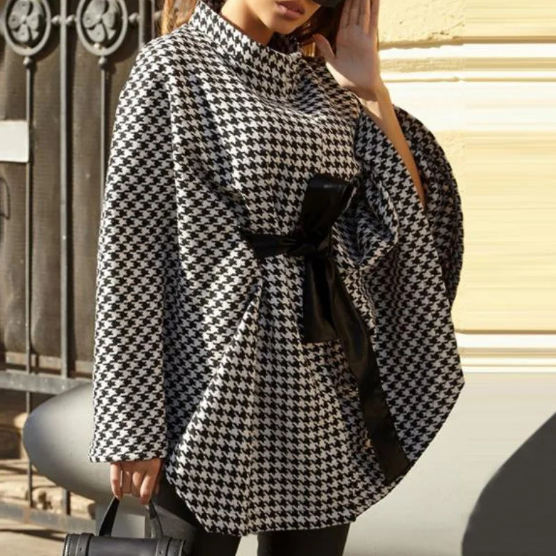 

Women's Houndstooth Cape Coats Chic Turtleneck Tie Up Asymmetric Shawl Poncho Pullovers 2021 New Autumn Winter Female Coats Ins