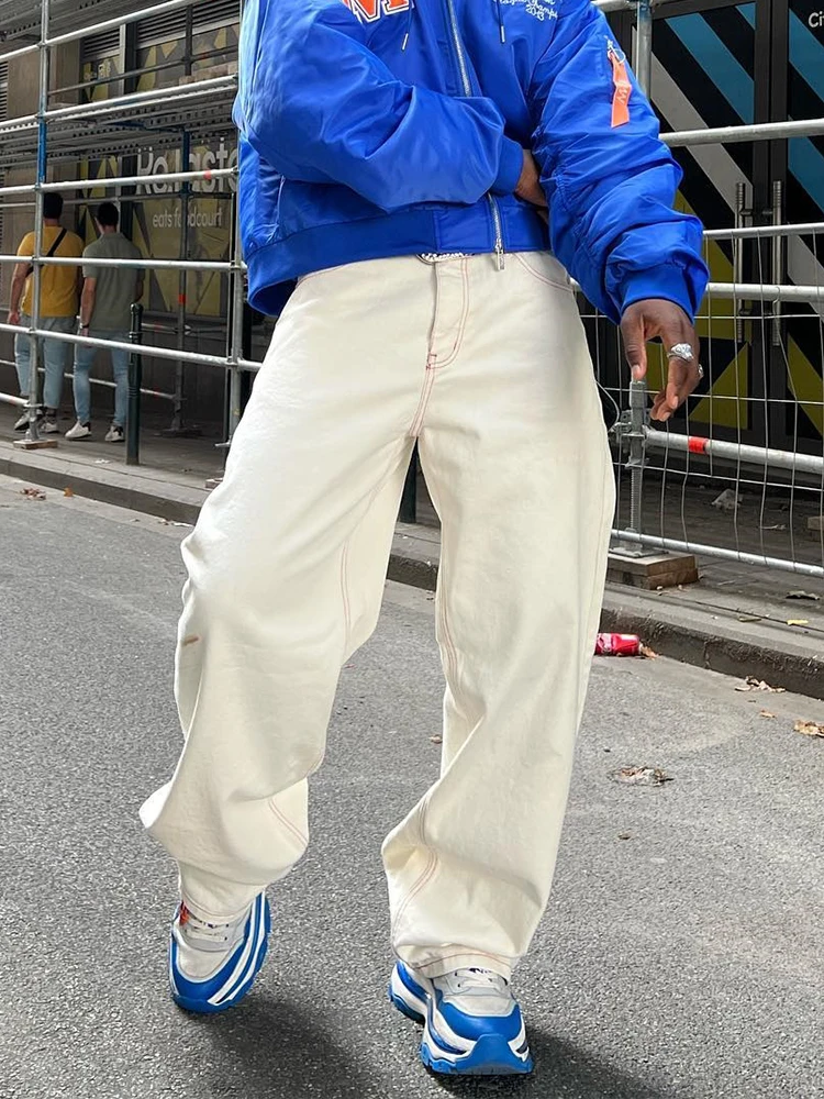 Latest Design Y2k Baggy Pants For Men Fashion Pockets Embroidery Casual Bottoms Streetwear Red Loose Fit Straight Wide Leg Jeans