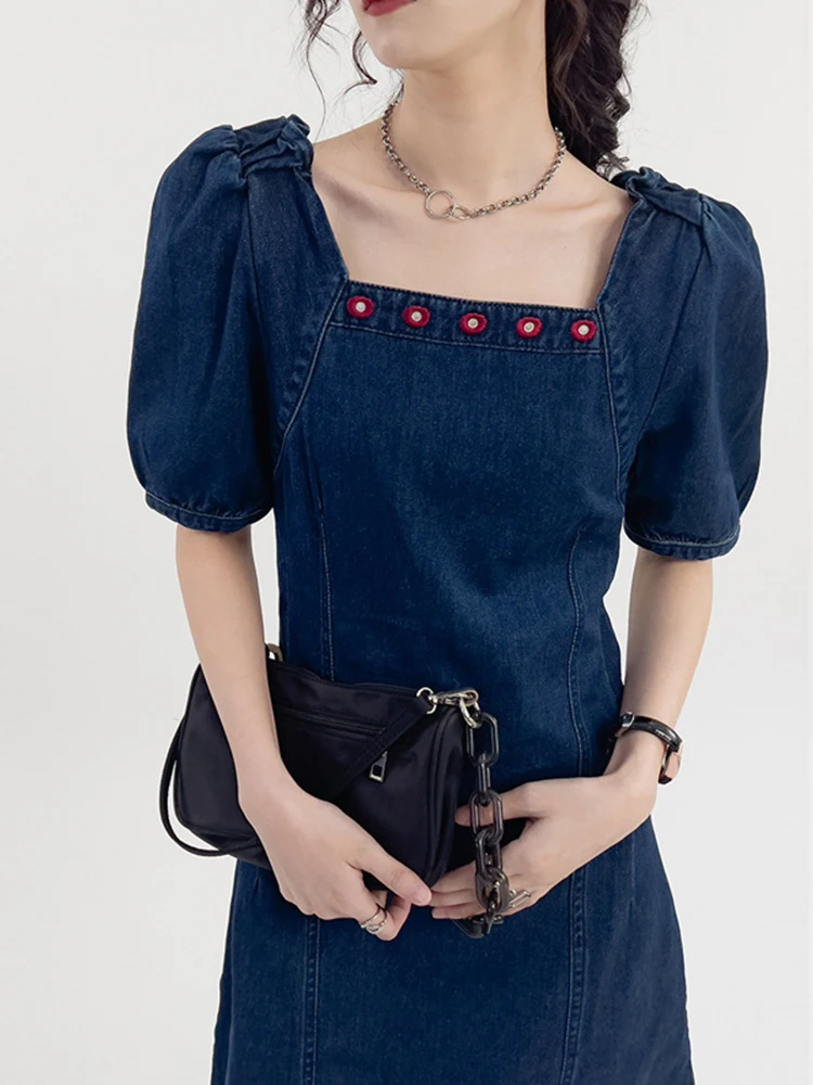 Summer Denim Dress for Women Square Collar Short Sleeve Knee Length Dresses Girls Students Fashion Clothes Jeans Outwear