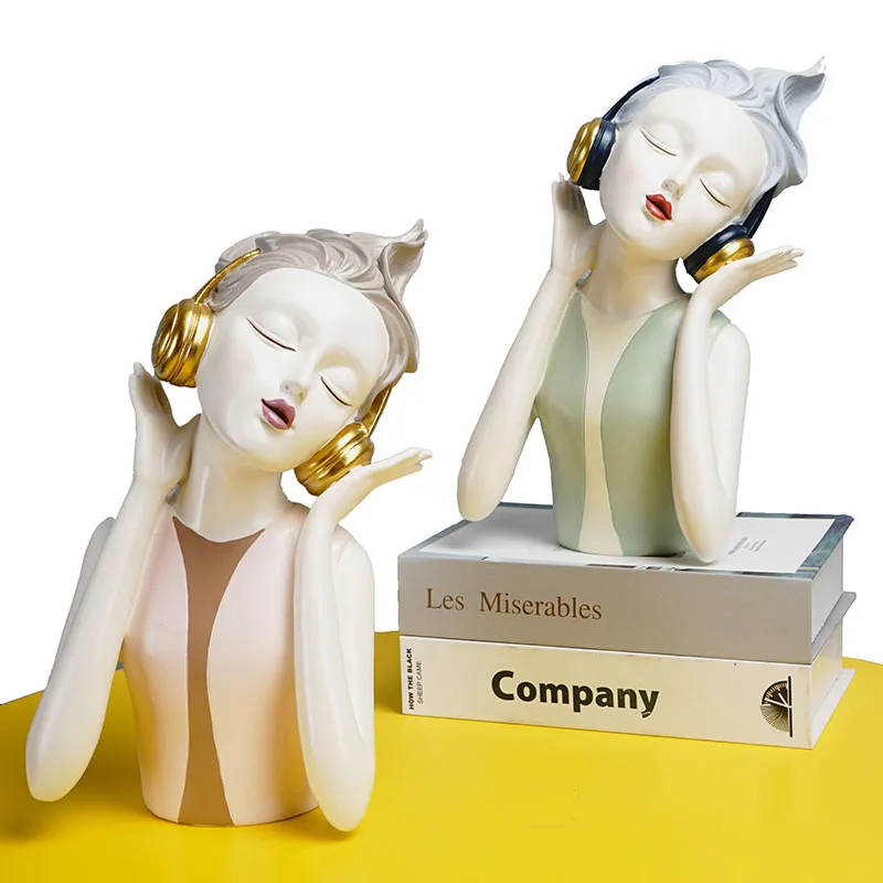 

WANXIN Resin Headphone Girl Statue Home Interior Decor Living Room Desktop Decoration Cafe Office Ornaments Kawaii Accessories