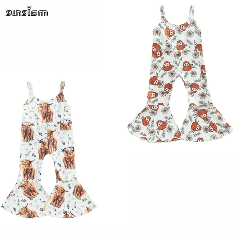 

Комбинезон на подтяжках для маленьких девочек SUNSIOM, комбинезон без рукавов с U-образным вырезом и принтом бычьих цветов, расклешенные брюки, Летний комбинезон