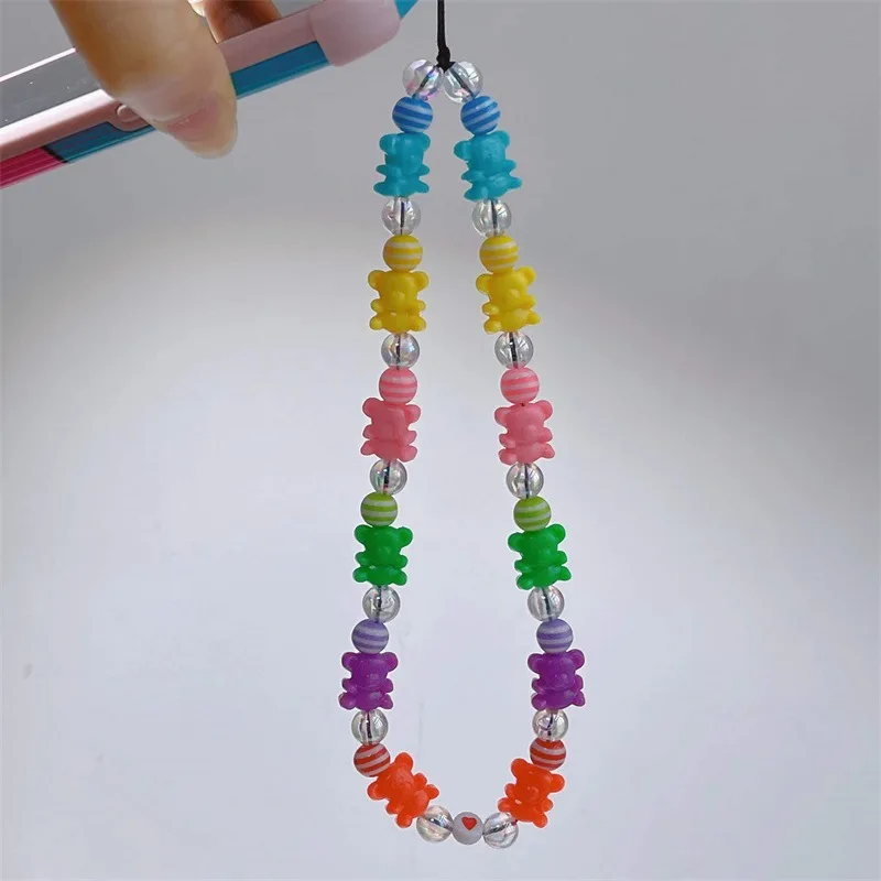 European and American Bohemian Rainbow Striped Beads ins Cute Color Bear Resin Trend Mobile Phone Chain Ladies Exquisite Jewelry