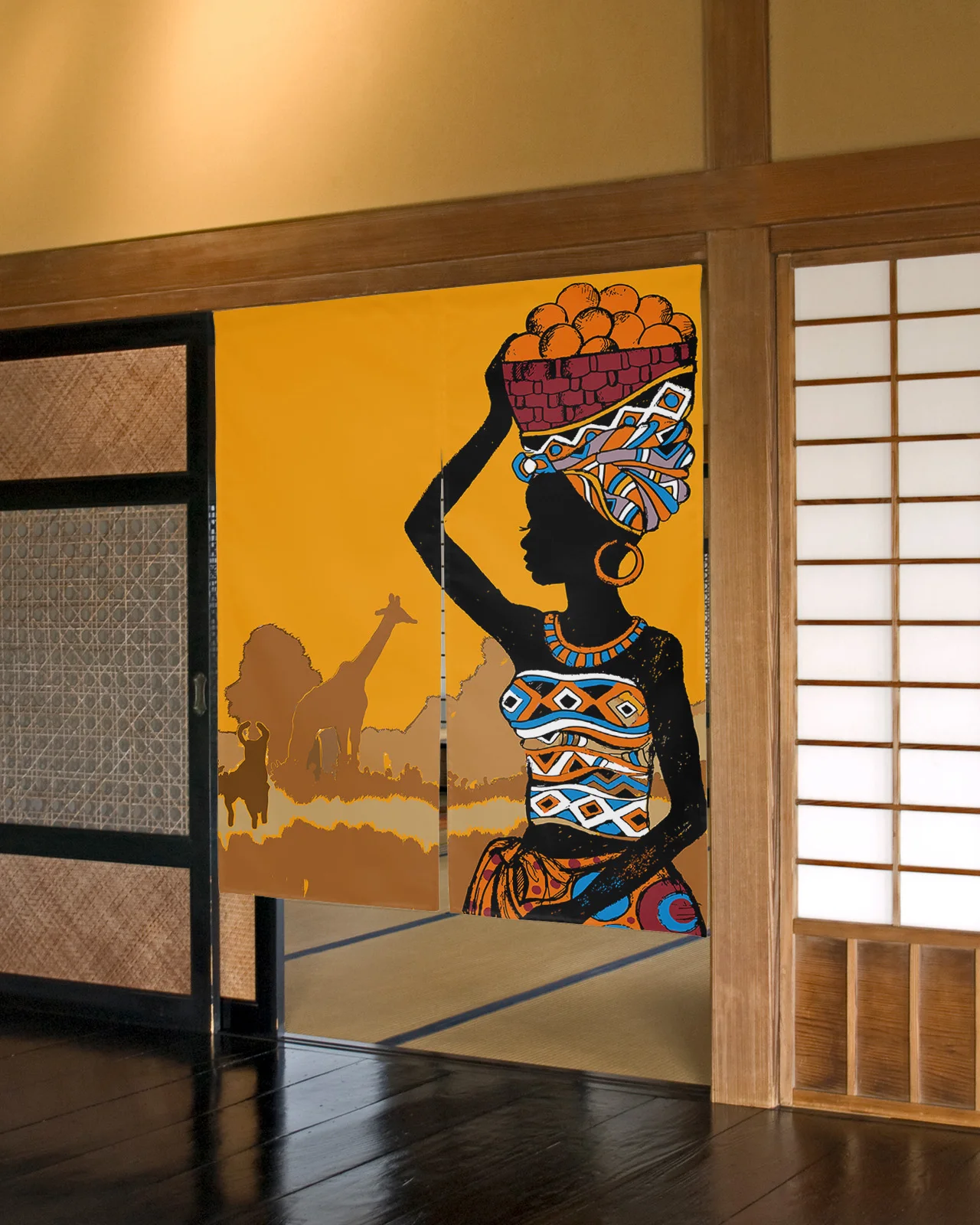 

African Black Woman Giraffe Japanese Door Curtain Restaurant Kitchen Entrance Partition Doorway Curtains Half-Curtain