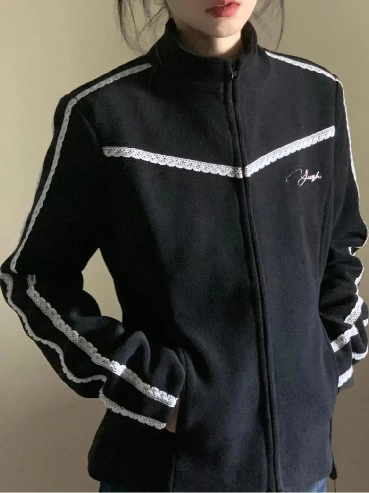 ADAgirl Y2k черные вельветовые толстовки женские полосатые кружевные лоскутные с